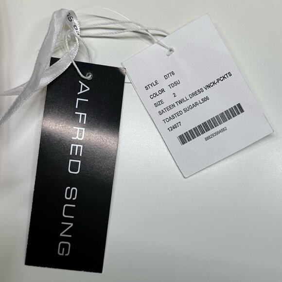 NWT | Alfred Sung | Sateen Twill Dress V-Neck w/ Pockets | Toasted Sugar | 2 - Picture 13 of 13